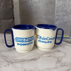 Whirley Dixie Cream Donuts Travel Mug Set Unisex‎ White Blue Vintage Plastic 80s